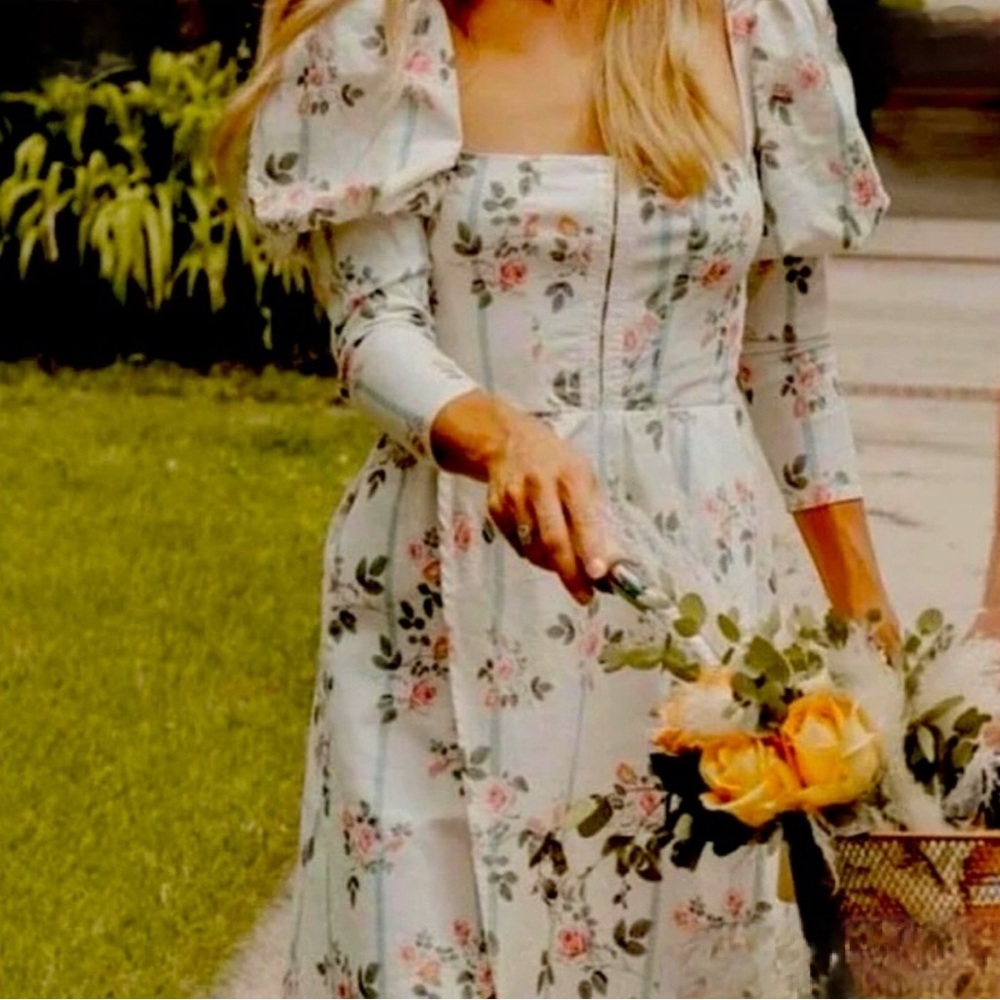 For Love and Lemons “Rose Striped Linen Blend Midi Dress” S NWOT